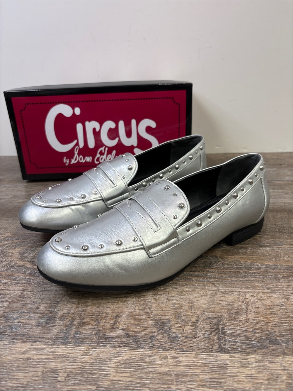 Circus by Sam Edelman Harlee Silver Metallic Studded Penny Loafers 8.5 M